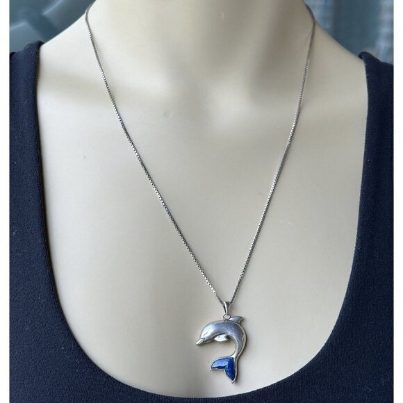 LENOX Sterling Silver Dolphin Pendant Blue Lapis Tail Inlay Chain Necklace 20" - Picture 2 of 10